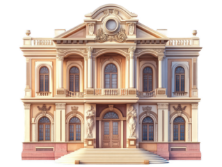 Classical music hall with ornate facade, grand entrance stairs, and decorative musical motifs, isolated on white background