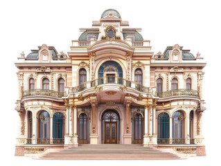 Fototapeta premium Classical music hall with ornate facade, grand entrance stairs, and decorative musical motifs, isolated on white background