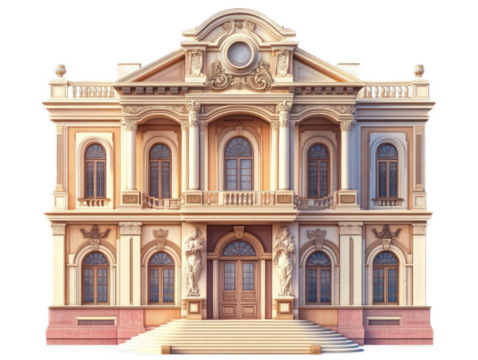 Classical music hall with ornate facade, grand entrance stairs, and decorative musical motifs, isolated on white background