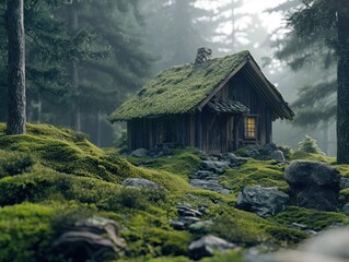 Moss-covered cabin nestled in misty forest