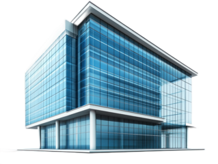 International style office building with rectilinear form, curtain wall, and pilotis support columns, isolated on white background