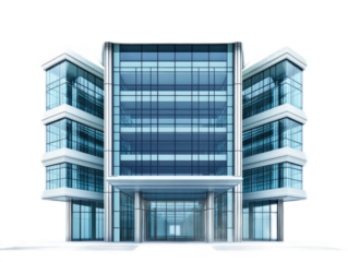 International style office building with rectilinear form, curtain wall, and pilotis support columns, isolated on white background