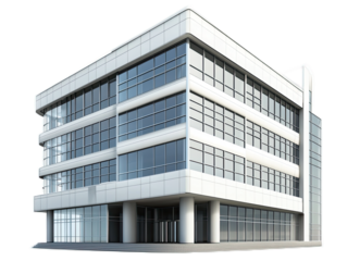 International style office building with rectilinear form, curtain wall, and pilotis support columns, isolated on white background