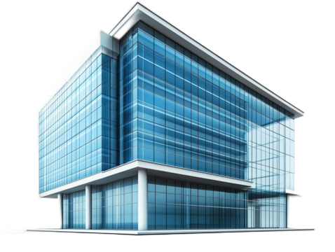 International style office building with rectilinear form, curtain wall, and pilotis support columns, isolated on white background