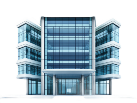 International style office building with rectilinear form, curtain wall, and pilotis support columns, isolated on white background