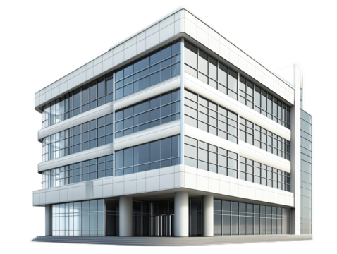 International style office building with rectilinear form, curtain wall, and pilotis support columns, isolated on white background