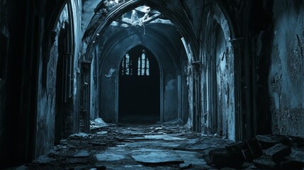 Dark arched hallway with gothic architecture and window light.