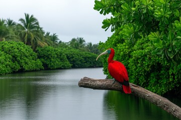 Obraz premium A hyper-detailed close-up of a Scarlet Ibis perched on a mangrove branch, with every feather intricately visible