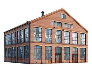 Fototapeta premium Factory building conversion with sawtooth roof, clerestory windows, and industrial character, isolated on white background