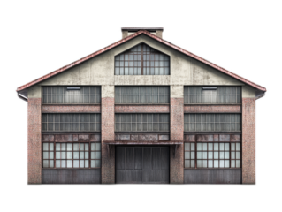 Factory building conversion with sawtooth roof, clerestory windows, and industrial character, isolated on white background