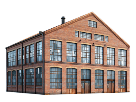 Factory building conversion with sawtooth roof, clerestory windows, and industrial character, isolated on white background