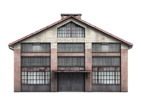 Factory building conversion with sawtooth roof, clerestory windows, and industrial character, isolated on white background