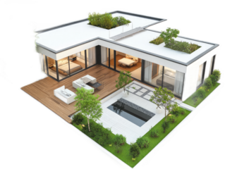 Courtyard house with rooms arranged around central open-air space and inward-facing windows, isolated on white background