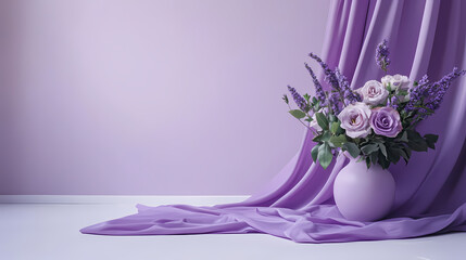 Obraz premium Floral Arrangement: A serene floral arrangement of soft purple and white roses and lavenders in a matching vase is set against a draped backdrop in shades of purple.