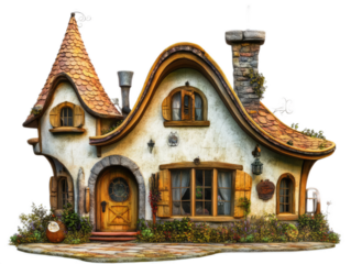 Storybook cottage with whimsical design elements, curved roof, and fairy tale character, isolated on white background