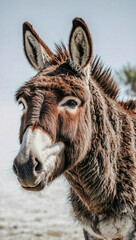Donkey braying with its mouth open wide against a white background.
