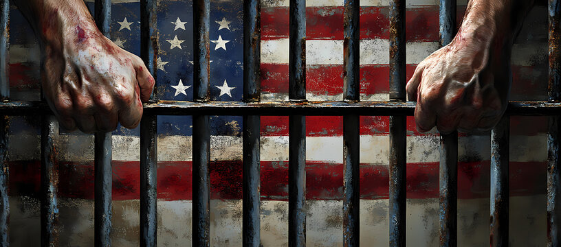 Behind Bars: A thought-provoking image of human hands gripping the cold iron bars of a jail cell, with the American flag in the blurred background.
