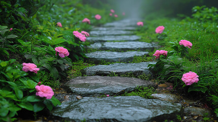 Charming stone path adorned with vibrant pink flowers leads through lush, misty garden, evoking serene and tranquil atmosphere