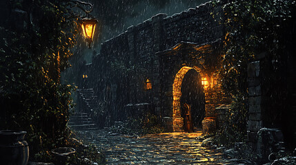 Fototapeta premium The prodigal son curled up in a dark corner of an ancient city street, rain falling lightly, illuminated by distant torchlight, mood full of despair and isolation,