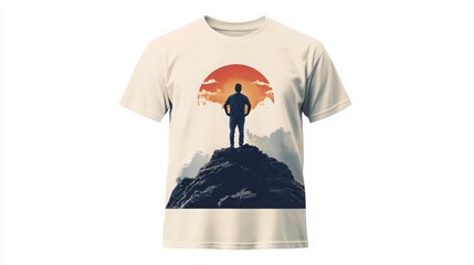 Silhouette on Mountain T-Shirt Design with Sunset Background - Perfect for Outdoor Enthusiasts and Nature Lovers, Capturing the Essence of Adventure and Tranquility in a Stunning Graphic.