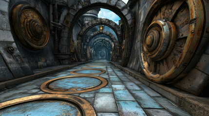 Intricate Fantasy Corridor with Metal Panels and Detailed Architecture in a Surreal Setting