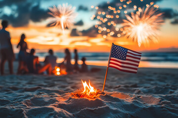 Independence Day Celebration: The silhouette of individuals gathered on a sandy beach, celebrating Independence Day with fireworks, bonfire, and the American flag.