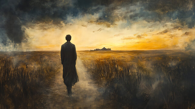 The prodigal son silhouetted against the horizon, his father’s home barely visible ahead, dusty road stretching before him, sky painted in hues of hope and sorrowHighly detailed,
