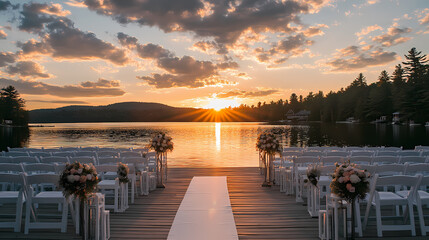 Fototapeta premium Romantic Lakeside Ceremony: A serene wedding setup, an aisle leading to the altar, set against a breathtaking sunset over a calm lake and mountains. A scene for exchanging vows and creating memories.