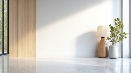 Fototapeta premium A minimalist room features a wooden lamp and plant. The scene includes a white wall and wooden paneling. The image boasts high quality and resolution, showcasing soft natural light. The style is cle