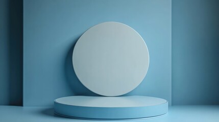 Minimalist blue product display, blank circle, geometric backdrop