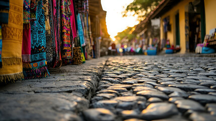 Fototapeta premium Colorful Textiles and Cobblestone Street at Sunset in Historic Area Full of Vibrant Shops