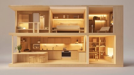 Modern Minimalist Wooden House Model Interior Cross Section