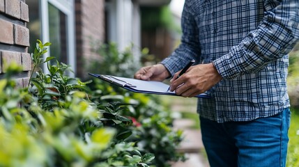Man inspects plants, home exterior background, property assessment