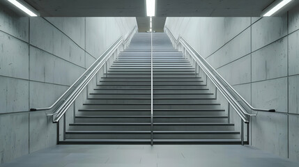 Modern Minimalist Staircase with Well-Lit Concrete Walls and Rails