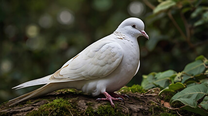 Fototapeta premium Elegant White Dove in Forest Habitat: Graceful Close-Up of Wildlife in Nature