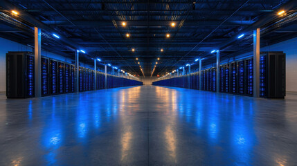 Futuristic Data Center with Rows of Servers and High-Tech Blue Lighting Effects