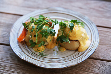 Eggs Benedict, American food close up
