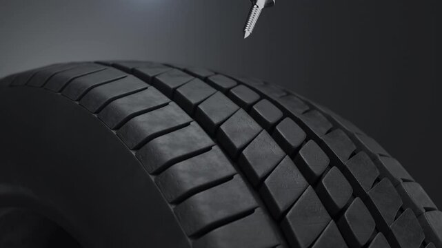 3D animation of a nail or screw lodged in a car tire. Ideal for concepts related to safety, maintenance, or roadside emergencies.