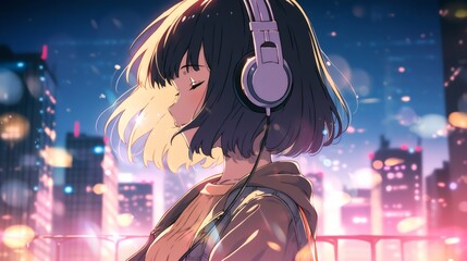 Anime school girl backgroung listening music