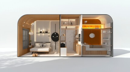 Fototapeta premium Modern Tiny House Interior Design 3D Render of Minimalist Bedroom and Bathroom