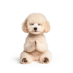 Playful poodle puppy meditating indoor studio pet photography calm environment close-up perspective serenity concept