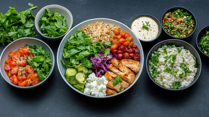 Fresh salad bowl with grilled chicken, vegetables, and grains, perfect for healthy meals