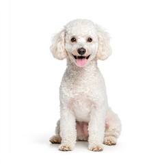 Obraz premium Playful white poodle dog indoor studio pet photography bright environment front view cute concept for pet lovers