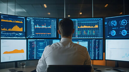 A data analyst reviewing financial data on multiple screens, modern office space with interactive dashboards and digital financial tools, High-tech style