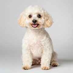 Playful white poodle dog indoor studio pet photography neutral background close-up joyful companion