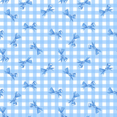 Fototapeta premium Blue Gingham Seamless Pattern with Satin Ribbon Bows Cute and Classic