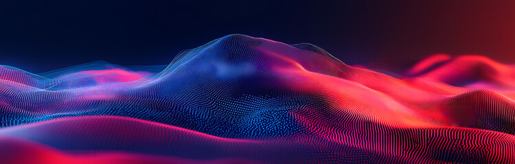 Abstract Mountain Landscape: The panoramic vista captures a vibrant 3D rendering of mountainscape bathed in gradients of red, purple and blue hues.
