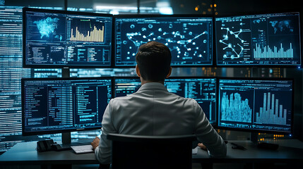 A data scientist analyzing big data on multiple screens, high-tech office environment with data visualizations and machine learning models, High-tech style