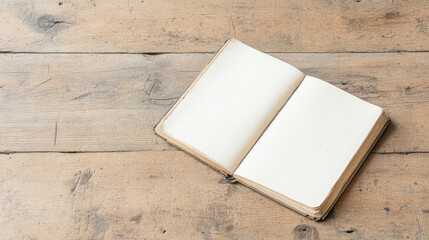 Fototapeta premium open blank journal rests on rustic wooden table, inviting creativity and reflection
