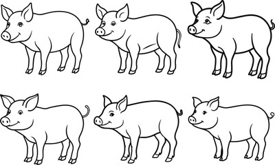 Set of pig outline vector illustration line art